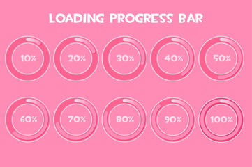Loading Progress Bar, pink colour. Circle loading or progress percentage.