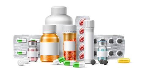 Realistic medications. Pill foil blisters and plastic bottles. Ampule with prescription drugs. Tablets and antibiotics. Different remedy package. Vitamins and painkillers. Vector concept