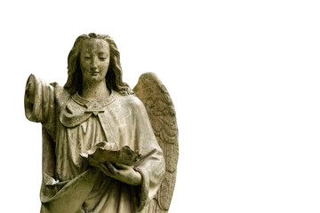 Death concept. Angel with a broken wing as symbol of pain, fear and end of human life. Fragment of an ancient statue isolated on white background.
