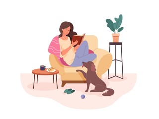Woman with book in armchair. Rest in cozy sofa apartament, women hobby study read books, comfort home relax, vector illustration