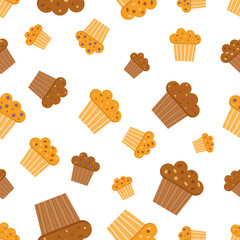 Seamless pattern of muffins. Vector illustration on white background. Pattern with cartoon hand drawn muffins with chocolate, berries.