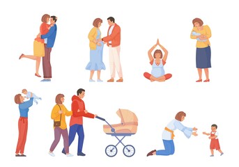 Parents childbirth. Parent cuddling babies, mom hug new baby, pregnancy and maternity, couple with children stroller, smiling mother happy young family, swanky vector illustration