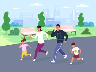 Family marathon. Jogging bonding people in city park, runner health lifestyle, running father with sportive children together, sport summer activity flat garish vector illustration