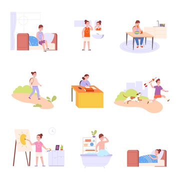 Kids everyday activities. Daily child actions cartoon collection, day time children schedule, study school exercise sleep night bathroom hygiene active playing, vector illustration
