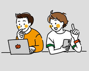 IT企業に勤める若い男性同僚二人がミーティングをしてアイデアを出しているイラスト