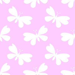 Fototapeta na wymiar Vector seamless pattern of silhouette butterflies in flat style. Cute simple insects. Pink white texture on theme of nature, spring, summer, children girls print, isolated