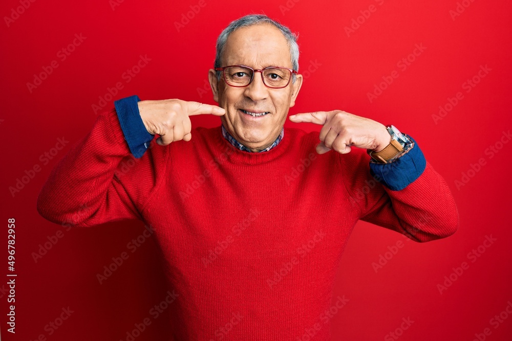 Canvas Prints handsome senior man with grey hair wearing casual clothes and glasses smiling cheerful showing and p