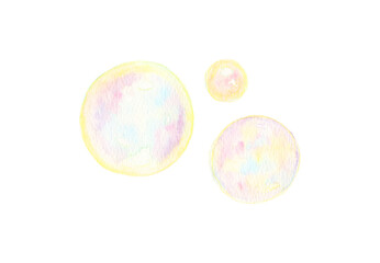 イラスト素材：手描きの水彩絵の具のシャボン玉　暖色系カラフルカラー
