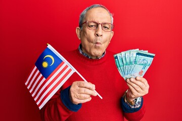 Handsome senior man with grey hair holding malaysia flag and malaysian ringgit banknotes making...