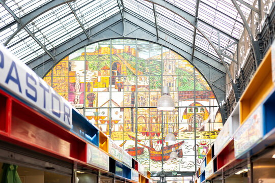 Malaga, Spain - May 24, 2019: Glass mosaic wall inside the Atarazanas Market bulding.