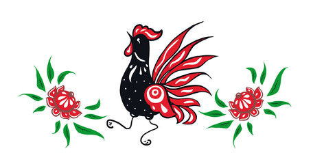 Rooster in flowers - Gorodets painting in vector.Red black rooster in flowers hand drawn sketch © BigJoy