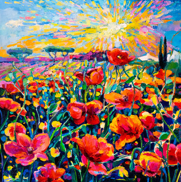 Oil painting. Red Poppies. Modern art.