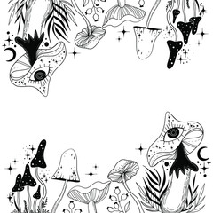 Celestial Mystical boho mushrooms, magic mushroom with moon and stars, witchcraft symbol, witchy esoteric objects, floral mystical elements fungi, fungus. Witchy tattoos. Esoteric clipart