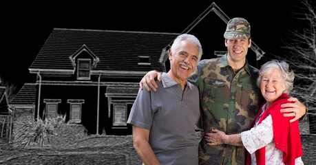 Composition of smiling male soldier with his parents and house in background