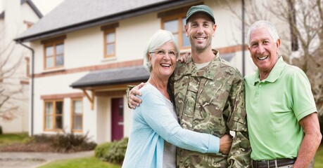 Happy caucasian gathered family having smile together against campaign home background concept
