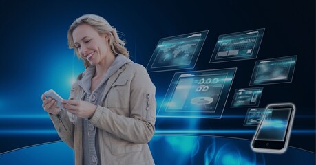 Composition of smiling woman using smartphone over digital screens with data processing