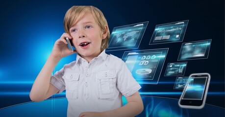 Composition of boy talking on smartphone over digital screens with data processing