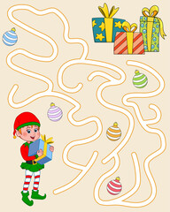 Help the Elf find way to gift boxes. Logic Game for kids. Entry and exit. Labyrinth with solution. Educational maze game with cute gnome character. Find the right path. Vector in cartoon style.