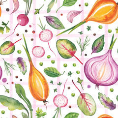 Seamless pattern with watercolor vegetables on a white background