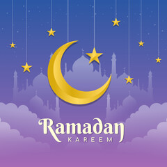 Obraz na płótnie Canvas Ramadan kareem - Gold Moon and Star Ramadan hanging on mosque in cloud purple background vector design
