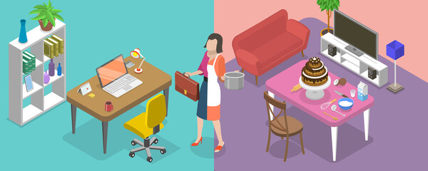 3D Isometric Flat Vector Conceptual Illustration of Hybrid Office, Remotely Work From Home or in Office Onsite