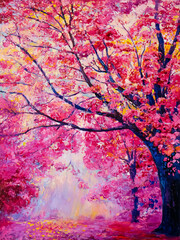 Oil painting. Pink Trees. Modern art.