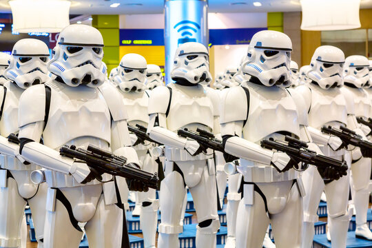 Dubai, United Arab Emirates - August, 2019: Stormtroopers from Star Wars movies in Dubai mall, Burj Khalifa in United Arab Emirates.