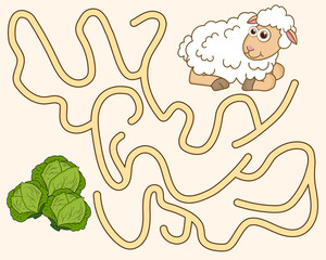 Help the young sheep find the pathway to cabbage. Logic Game for kids. Entry and exit. Labyrinth with solution. Educational maze game with cute character lamb. Vector cartoon style illustration.