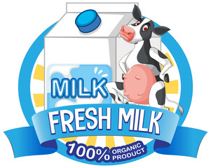Cartoon cow with fresh milk label