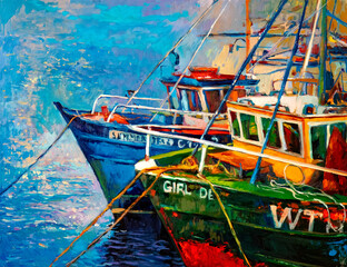 Fototapeta na wymiar Boats, oil painting on canvas. Modern artwork.