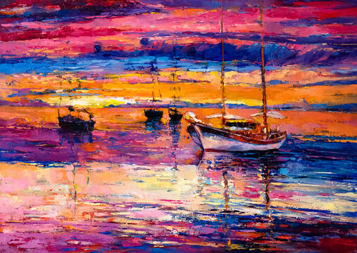 Oil painting. Boats at sunset. Modern art.