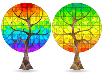 A set of illustrations in the style of stained glass with abstract trees, plants isolated on a white background