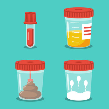 Set test tubes. Blood, urine, sperm and stool. Medical equipment. Specimen analysis. Plastic containers with biomaterial. Laboratory analysis. Vector flat design. Isolated on white background.