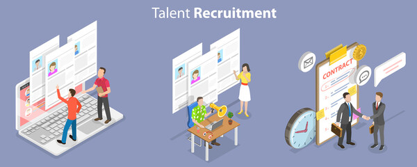 Obraz premium 3D Isometric Flat Vector Conceptual Illustration of Talent Recruitment Agency, Employee Searching and Hiring