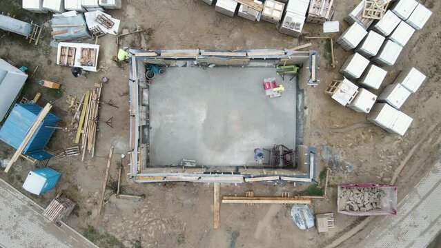 Top down aerial view of a small rectangle hempcrete construction site