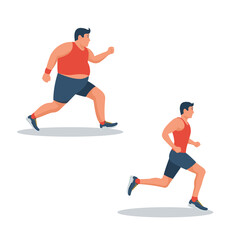 Fototapeta na wymiar Running for slimming. Jogging people. From fatty and unhealthy health and beauty. Vector illustration flat design. Isolated on white background. Young attractive male. Athletic body. Fat man.