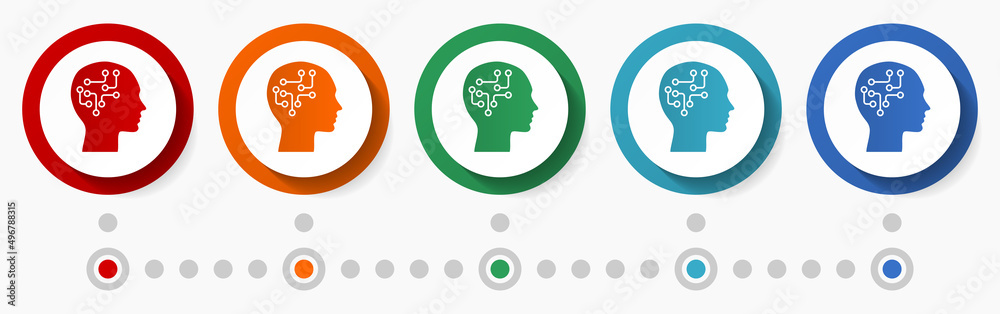 Poster Intellect, head concept vector icon set, infographic template, flat design colorful web buttons in 5 color options