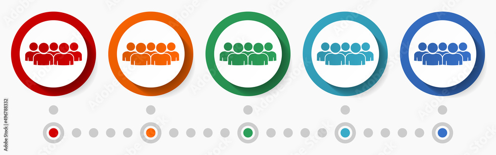 Aufkleber people, group concept vector icon set, infographic template, flat design colorful web buttons in 5 c