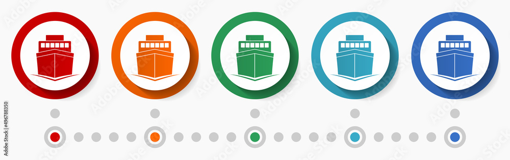Aufkleber ship, boat concept vector icon set, infographic template, flat design colorful web buttons in 5 colo