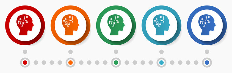 Intellect, head concept vector icon set, infographic template, flat design colorful web buttons in 5 color options