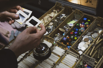 Closeup shot of a retro rack with slides and other vintage stuff