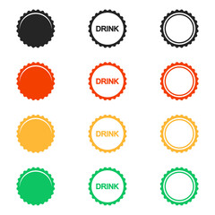 Bottle cap vector icons set on white background. Bottle lid with soda or beer. Vector template.