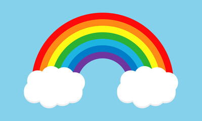 Rainbow with clouds on sky. Colored rainbow vector illustration. Vector background.