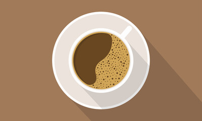 Cup coffee top view with shadow. Coffee with foam. Vector background.