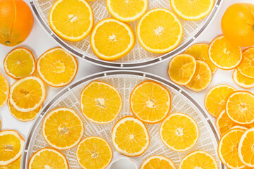 orange fresh and dried slices on trays, top view