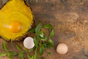 A piece of cracked wood painted yellow. A raw, broken egg lies on top of it, with broken eggshells...