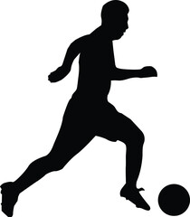 Soccer player in field. Football player kicking ball silhouette vector isolated.