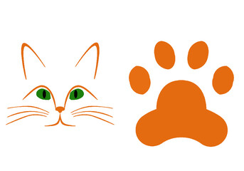 An orange cat with green eyes on the left hand side with her footprint on the right hand side.