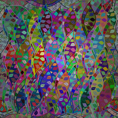 Fototapeta na wymiar Seamless pattern with interesting doodles on colorfil background. Vector illustration.
