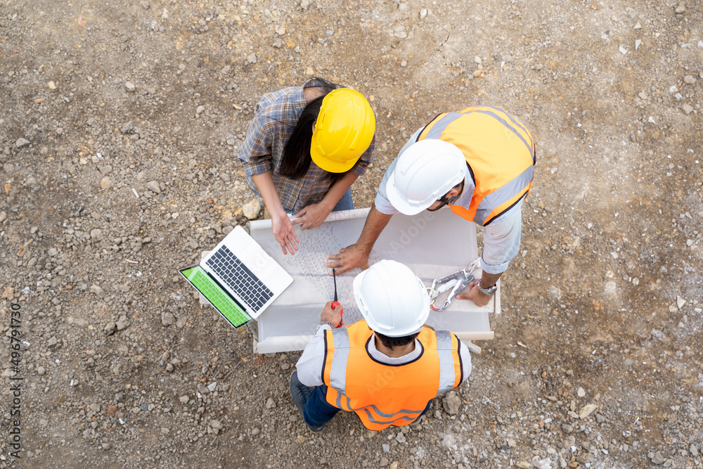 Aufkleber High angle view of engineer and architect discussing planning for a building a new home at construction site,Architect watching some a construction,Business, Building,Industry,People concept.